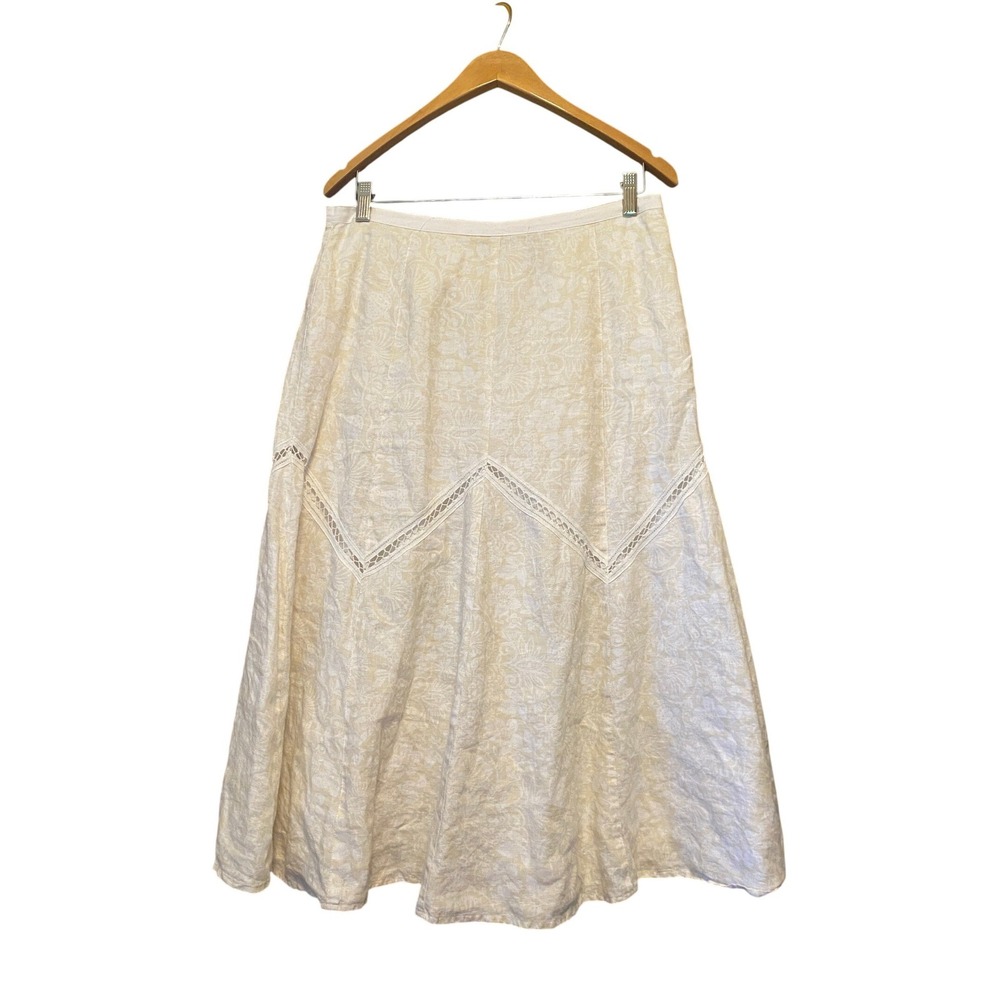 Vintage 90s Linen Midi Skirt Floral 12 Cream Boho Summer Romantic Lagenlook Tea